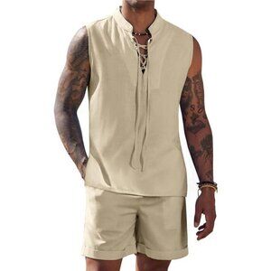 Men's Linen Set 2 Piece Beach Outfit Lace Up Hippie Tank Top Summer Casual